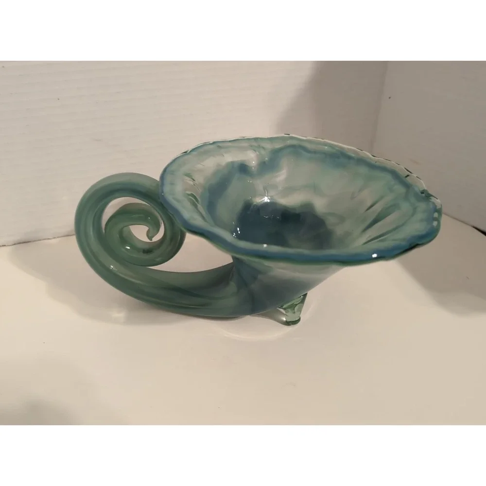 Vintage‎ Sooner Glass Hand-Blown Cornucopia Bluish Green Bowl